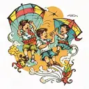 A traditional tattoo of a group of kids playing with colorful kites in the sky tattoo design idea