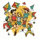 A traditional tattoo of a group of kids playing with colorful kites in the sky tattoo design idea