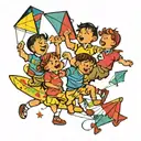 A traditional tattoo of a group of kids playing with colorful kites in the sky tattoo design idea