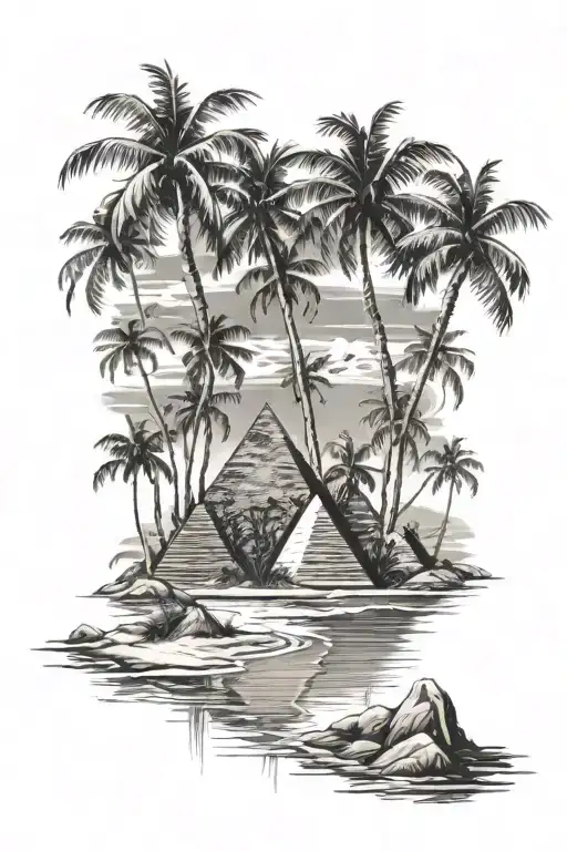 pyramids beach with palm trees and hollywood sign intertwined tattoo design idea