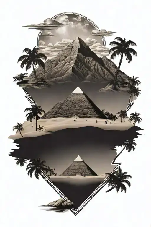 pyramids meet beach and hollywood sign tattoo design idea