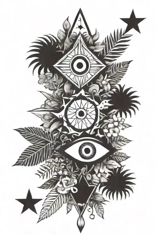 evil eye in front of a wild jungle with animals and a Jewish star somewhere within the concept tattoo design idea