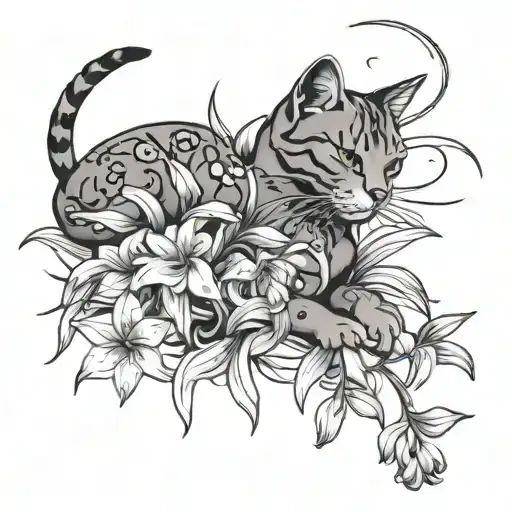 Bush of lillies and cat paw prints trailing tattoo design idea
