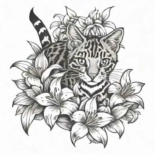 cat paw prints going through bush of lilly flowers tattoo design idea