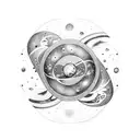 An hourglass filled with galaxies and planets, symbolizing the passage of time in the universe tattoo design idea