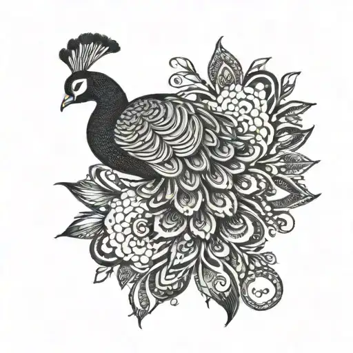 Peacock tattoo design with subtle crocheting details in blackwork style tattoo design idea