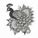 Peacock tattoo design with subtle crocheting details in blackwork style tattoo design idea