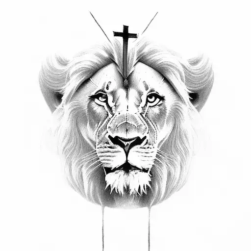 jesus on cross with lion for chest tattoo design idea