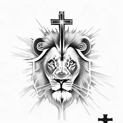 jesus on cross with lion for chest tattoo design idea