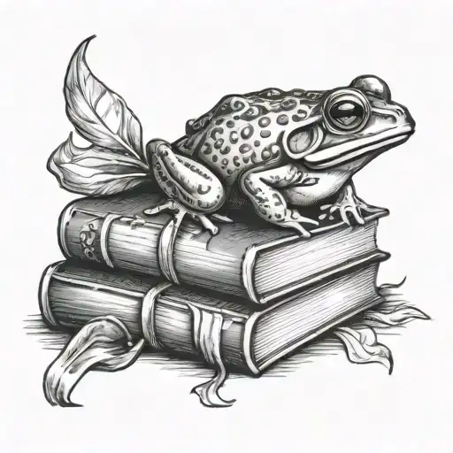 stack of 3 spell books with frog on top tattoo design idea