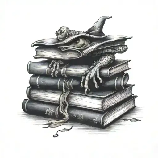 stack of 3 spell books with witch  frog on top tattoo design idea