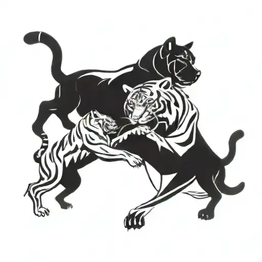 A dynamic composition of a tiger and a boxer locked in combat, with abstract shapes representing their movements tattoo design idea