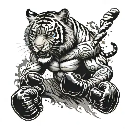 A fierce tiger in a boxing stance, surrounded by MMA gloves and a boxing ring  tattoo design idea