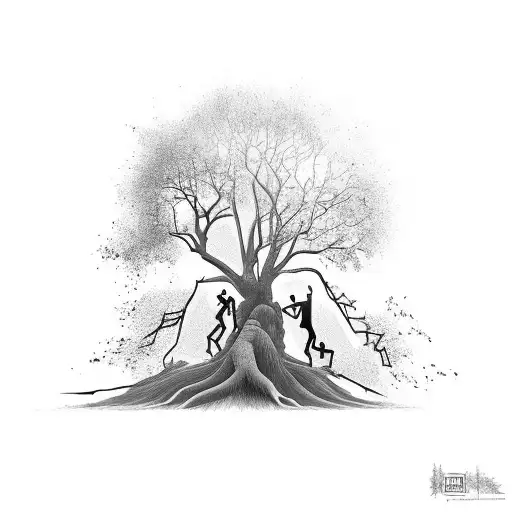 A silhouette of a tree surgeon climbing a giant tree tattoo design idea