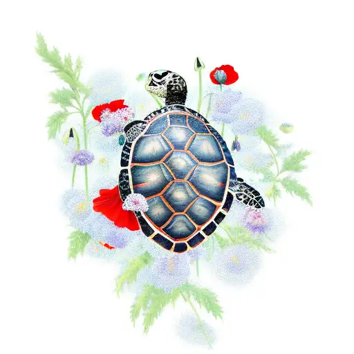 a turtle on a glacıer with poppy flowers on it tattoo design idea