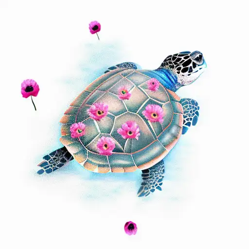 a turtle on a glacıer with poppy flowers on it tattoo design idea