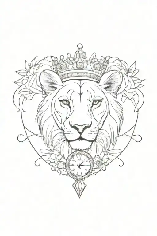 Tattoo of a lioness with a princess crown next to an hourglass tattoo design idea