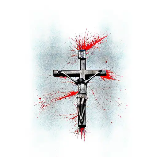 Crucified Jesus, red paint splatter, "Father Forgive Them" and red dots tattoo design idea