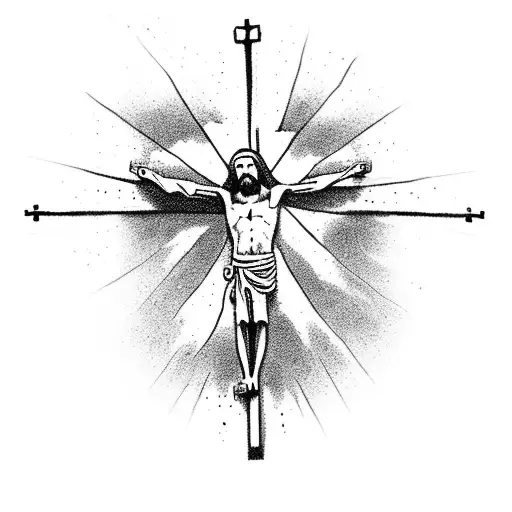 Crucified Jesus, red paint splatter, "Father Forgive Them" and red dots tattoo design idea