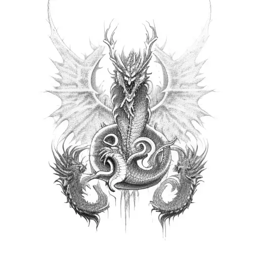 A majestic dragon battling a fallen angel in a dark and ethereal landscape tattoo design idea