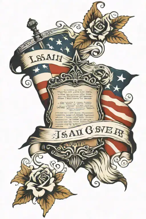 arm tattoo sleeveof an American flag and Bible verse isaiah 6:8 tattoo design idea