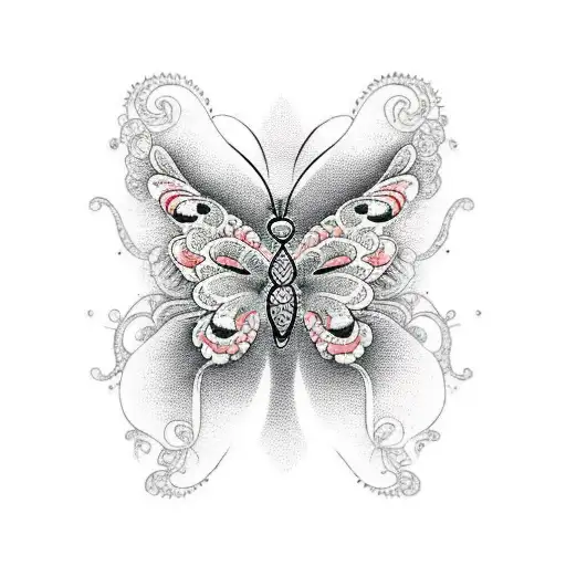 A delicate dotwork design of a butterfly made up of intricate flores patterns tattoo design idea