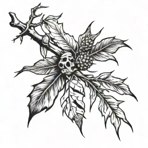 black and white branch with spikes and dead leaves  tattoo design idea