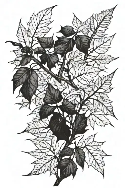 black and white branch with spikes and dead leaves  tattoo design idea