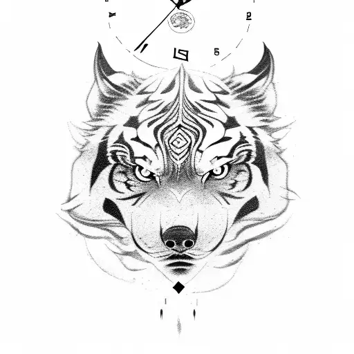 a wizard with a dragon behind him, the faces of a eagle tiger and wolf spinning clock wise and a angry wolf angry tiger  tattoo design idea