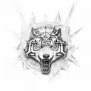 a wizard with a dragon behind him, the faces of a eagle tiger and wolf spinning clock wise and a angry wolf angry tiger  tattoo design idea