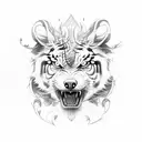 a wizard with a dragon behind him, the faces of a eagle tiger and wolf spinning clock wise and a angry wolf angry tiger  tattoo design idea