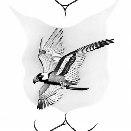 Australian Magpie in flight with crown and ribbon trailing from it's claws tattoo design idea