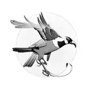 Australian Magpie in flight with crown and ribbon trailing from it's claws tattoo design idea