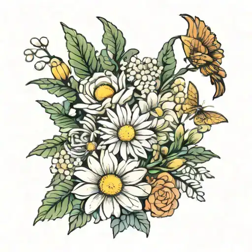 flower bouquet with a daisy, holly, aster, poppy, lily and Chrysanthemums tattoo design idea