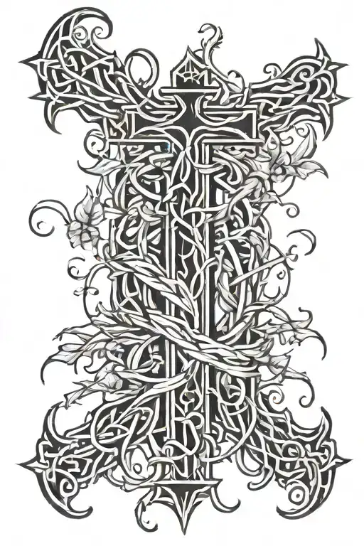 vine of thorns wrapped with wooden cross intertwined tattoo design idea