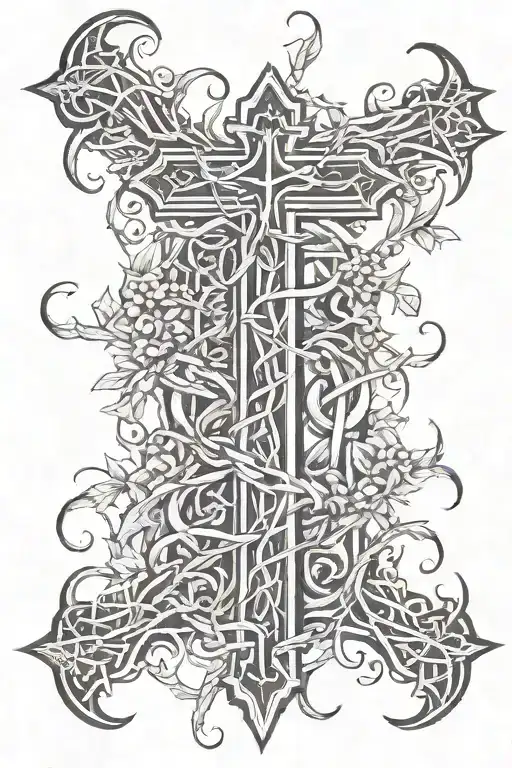vine of thorns wrapped with wooden cross intertwined tattoo design idea