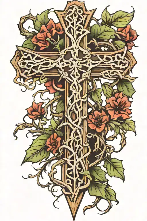 vine of thorns wrapped with a wooden cross intertwined tattoo design idea