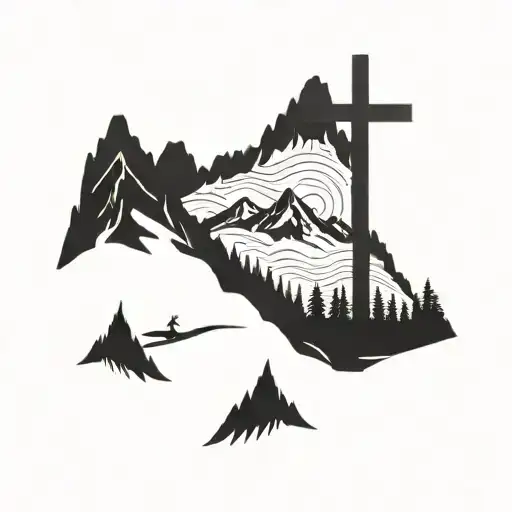 A cross silhouette surrounded by intricate dotwork mountains tattoo design idea