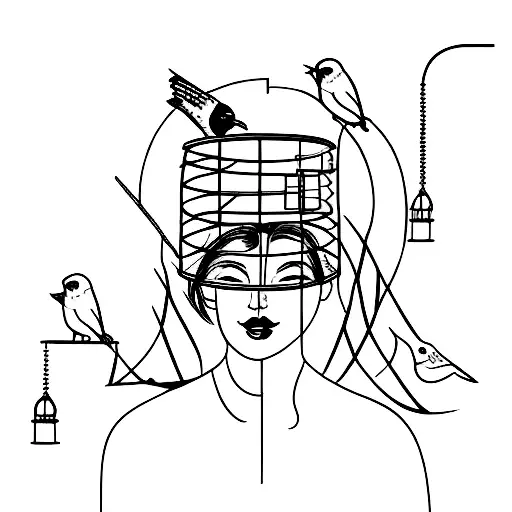 woman with bird cage for a head, bars broken and birds flying out.  tattoo design idea
