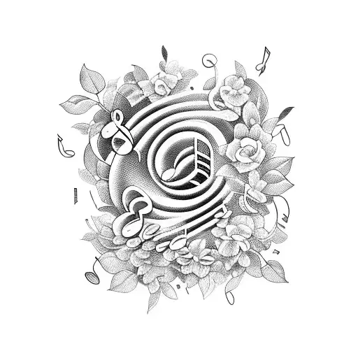 A composition of musical instruments (piano, drums, bass, guitar) intertwined with vines and flowers tattoo design idea