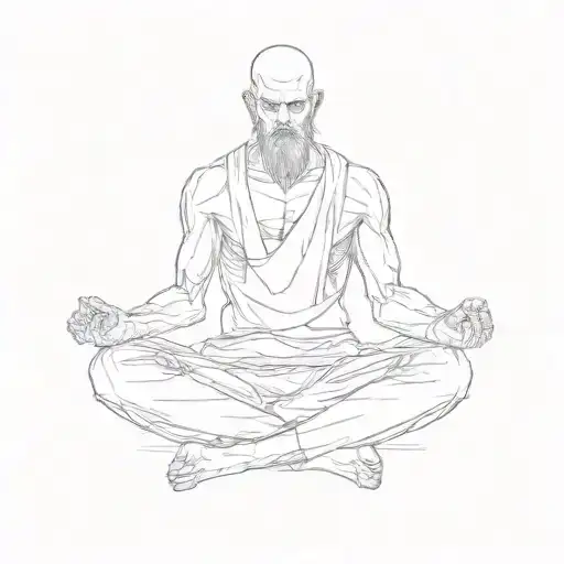 a man meditating in front with a mackbook and thinking has anime hair tattoo design idea