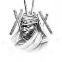 african warrior with spear in one hand and shield in other handand white scary eyes. tattoo design idea