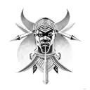 african warrior with spear in one hand and shield in other handand white scary eyes. tattoo design idea