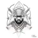 african warrior with spear in one hand and shield in other handand white scary eyes. tattoo design idea