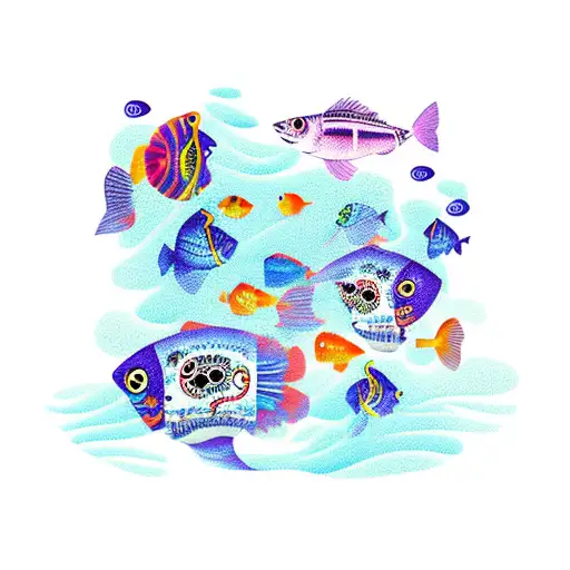 Dia de los muertos fisherman surrounded by colorful fish tattoo design idea