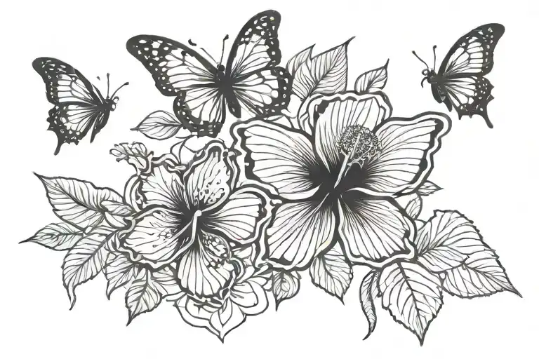 Red butterfly black hibiscus flowers tattoo design idea