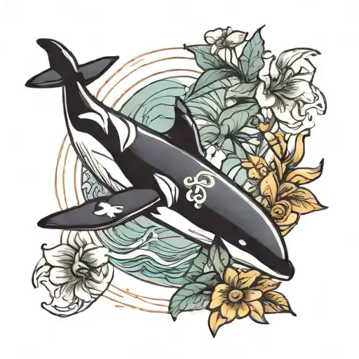 Killer whale and islands surrounded by flowering tattoo design idea