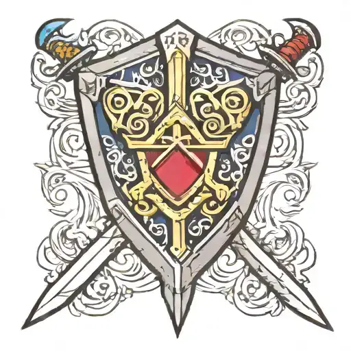 left arm sleeve tattoo featuring links shield and master sword from zelda, Cloud's sword from Final Fantasy 7 tattoo design idea