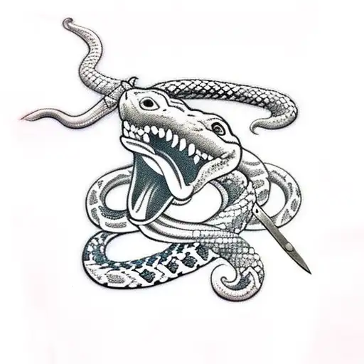 sword with snake wrapped around with mouth open and roses around tattoo design idea