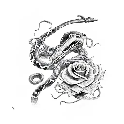 sword with snake wrapped around with mouth open and roses around tattoo design idea
